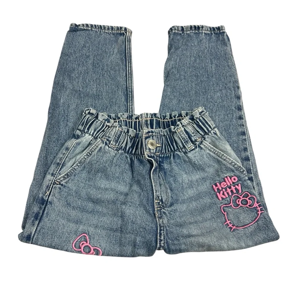H&M Girls Hello Kitty Relaxed Fit Paper Bag Jeans Embroidered Denim Size 6
